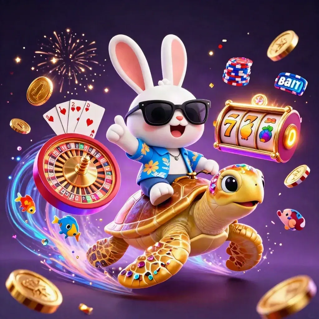 Lucky rabbit on a golden sea turtle amid casino sparks, coins, cards, chips, and neon glow