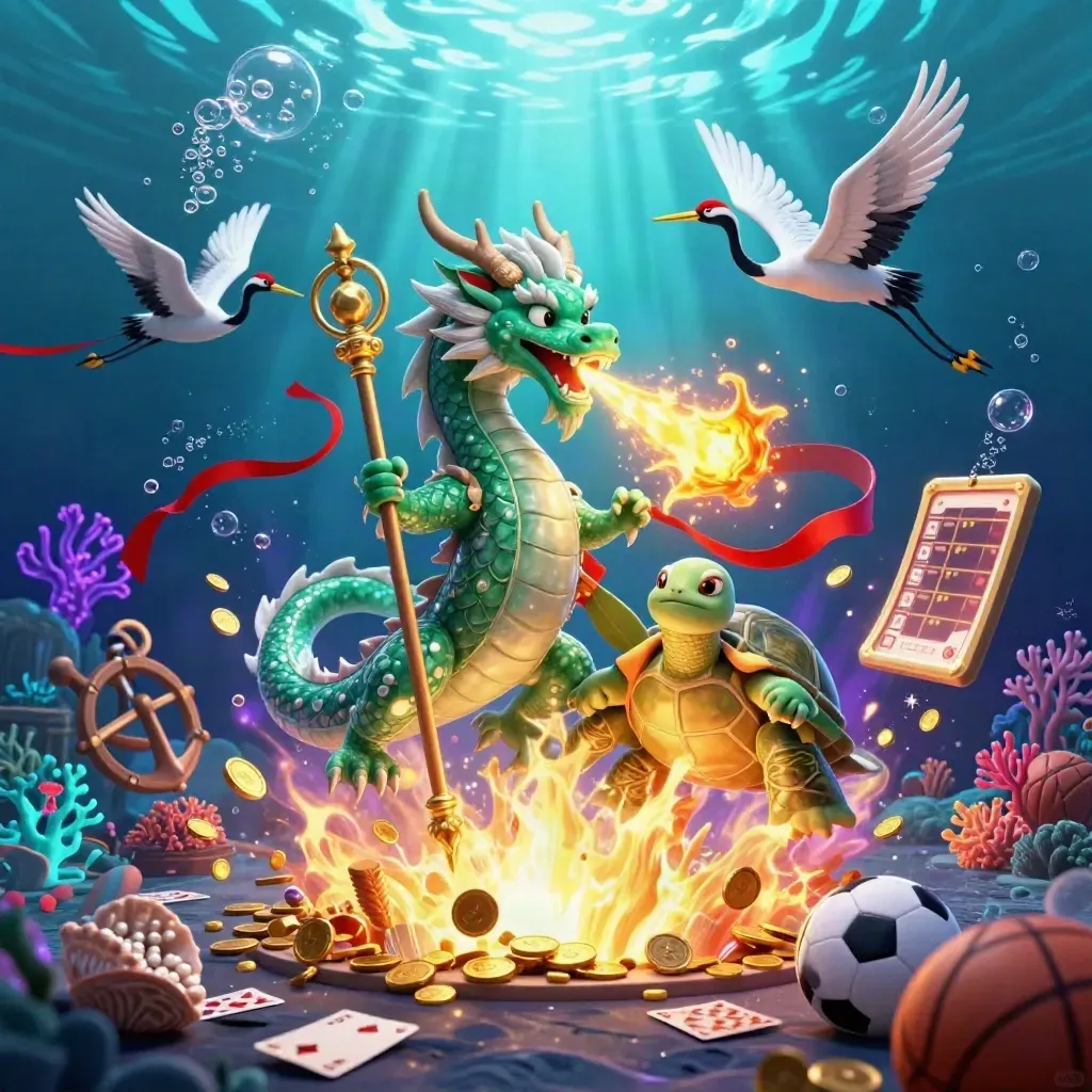 Neon dragon, turtle sage, cranes, and sports props in an underwater treasure burst.
