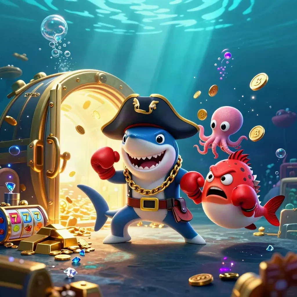 Pirate shark, boxing pufferfish, and octopus amid a glowing treasure vault underwater.
