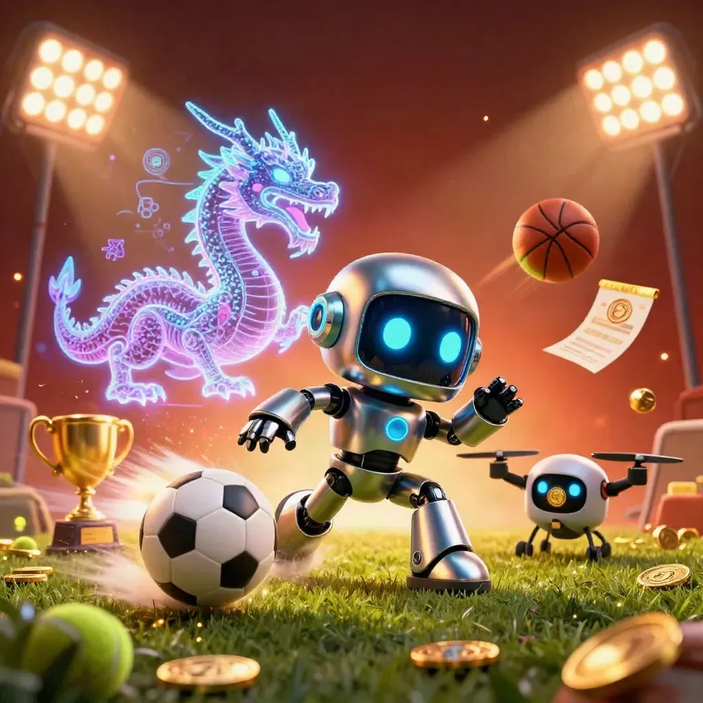 Cyberpunk robot, holographic dragon and coin drone amid flying balls, trophy, sparks and floodlights