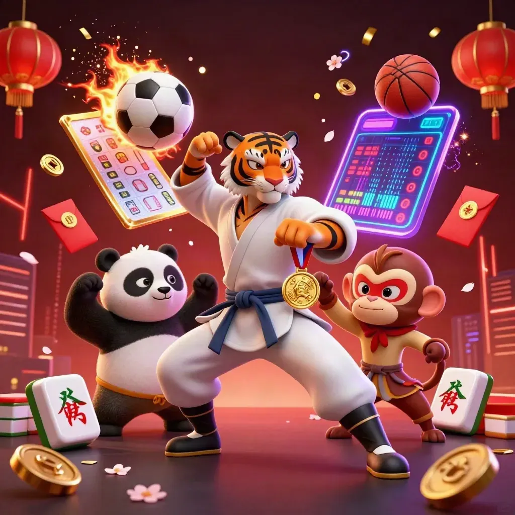 Kung-fu tiger, panda and monkey amid neon casino sports chaos with balls, tiles and sparks.