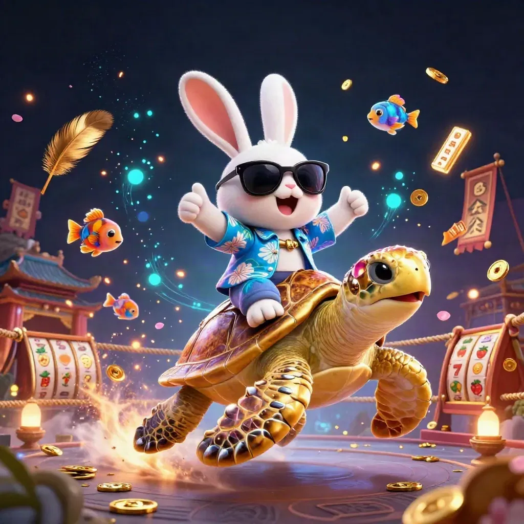 Rabbit rides a gem-shell turtle amid neon casino treasure, temple ruins, fish, and glowing particles.