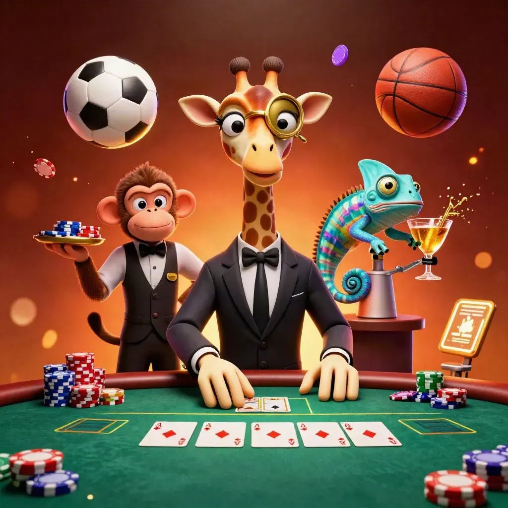 3D giraffe, monkey and chameleon at a neon VIP poker table with chips, cards and flying balls