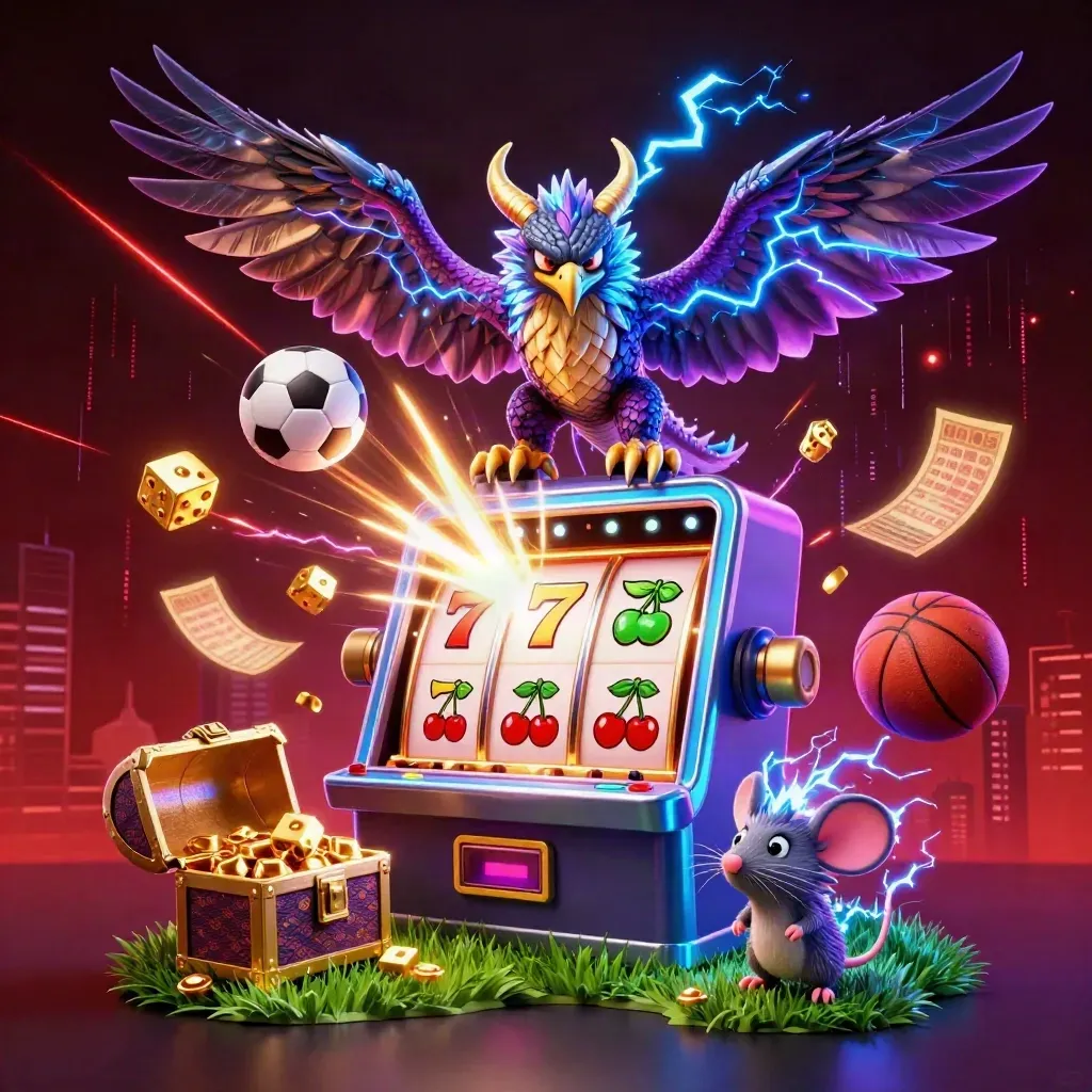 Dragon, hawk and mouse explode around a slot machine, with balls, dice and gold in neon storm.