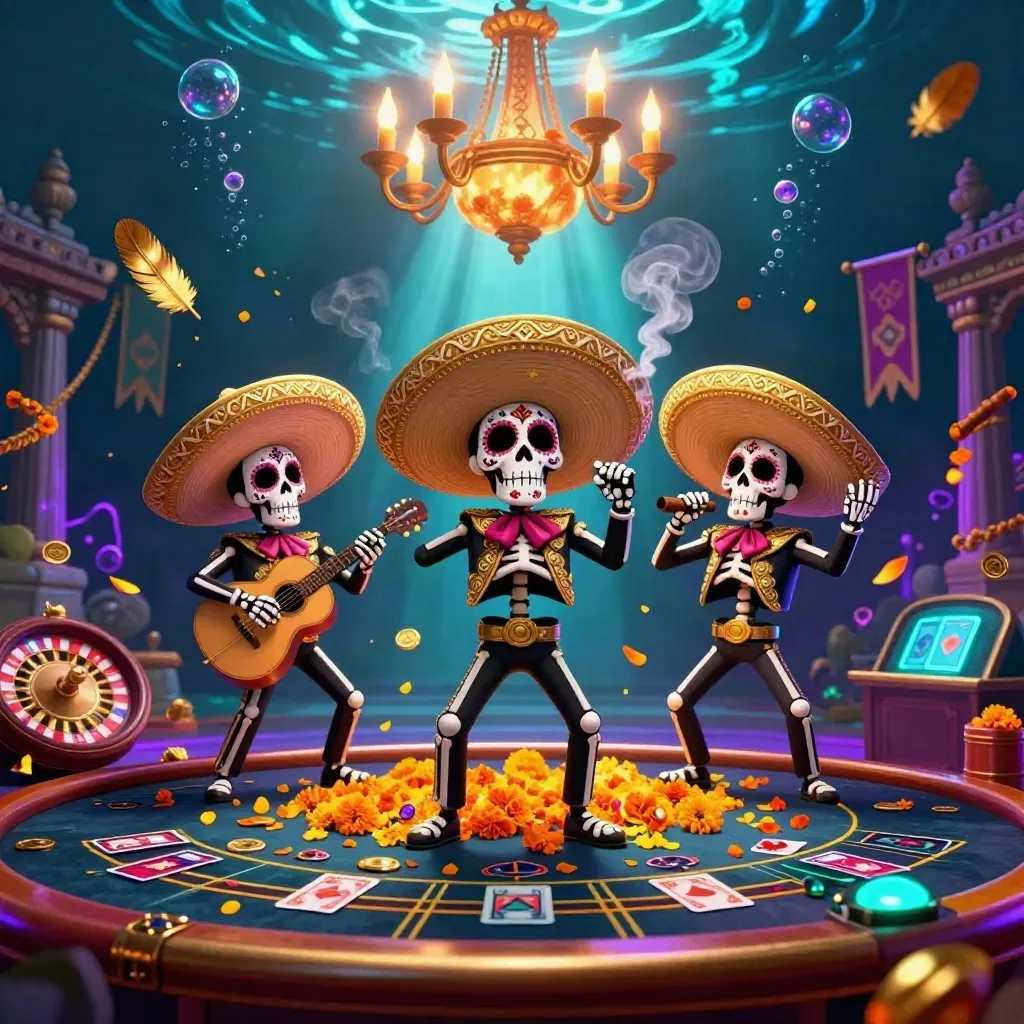 Skeleton mariachi trio in a neon underwater casino scene with roulette, temple gate, and glowing coins