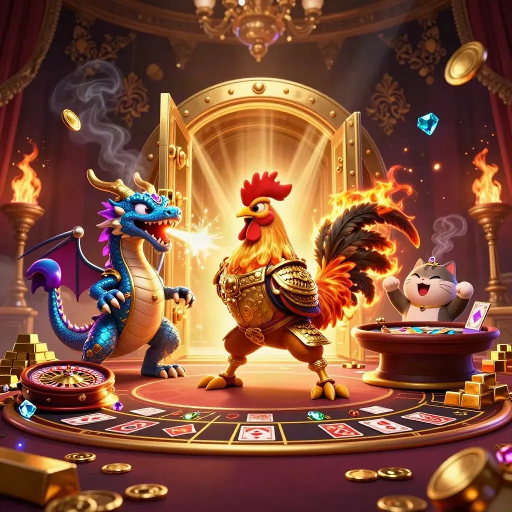 Rooster samurai, spark-breathing dragon hatchling, and cheering fortune cat in a luxe neon casino room.