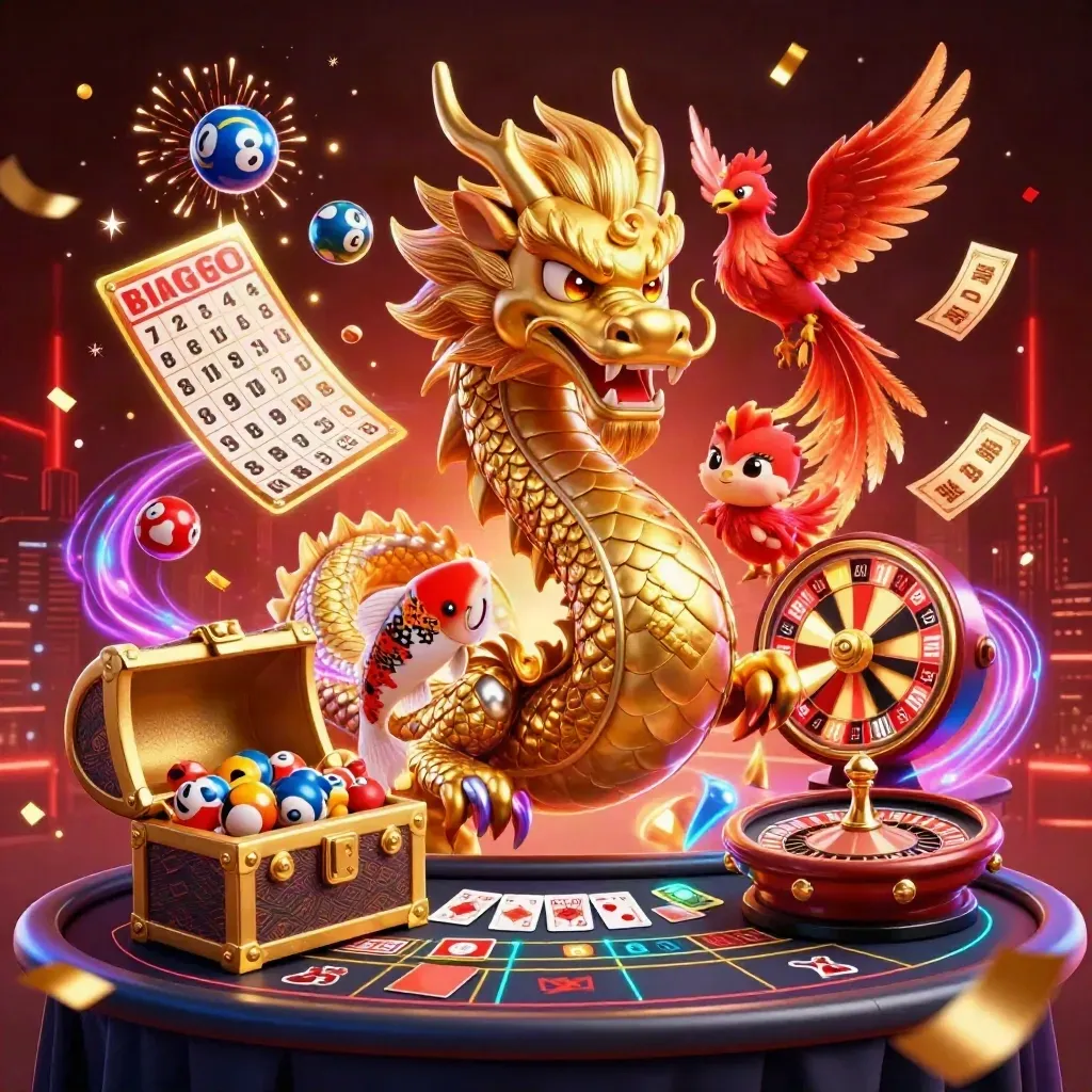 Golden dragon, phoenix, koi, and casino treasures exploding in neon purple and cyan light