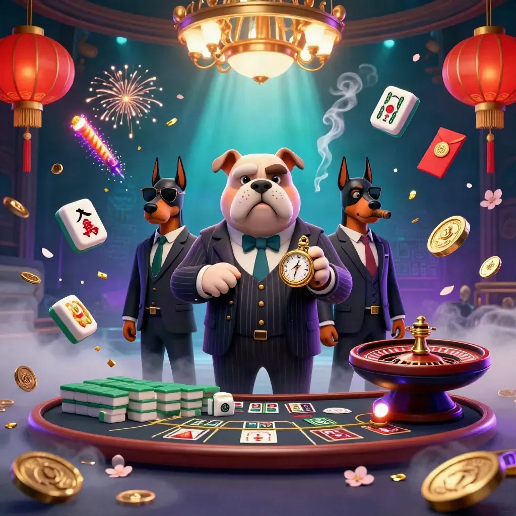 Bulldog mob boss and Doberman guards in a neon casino with mahjong tiles, lanterns, and spinning coins.