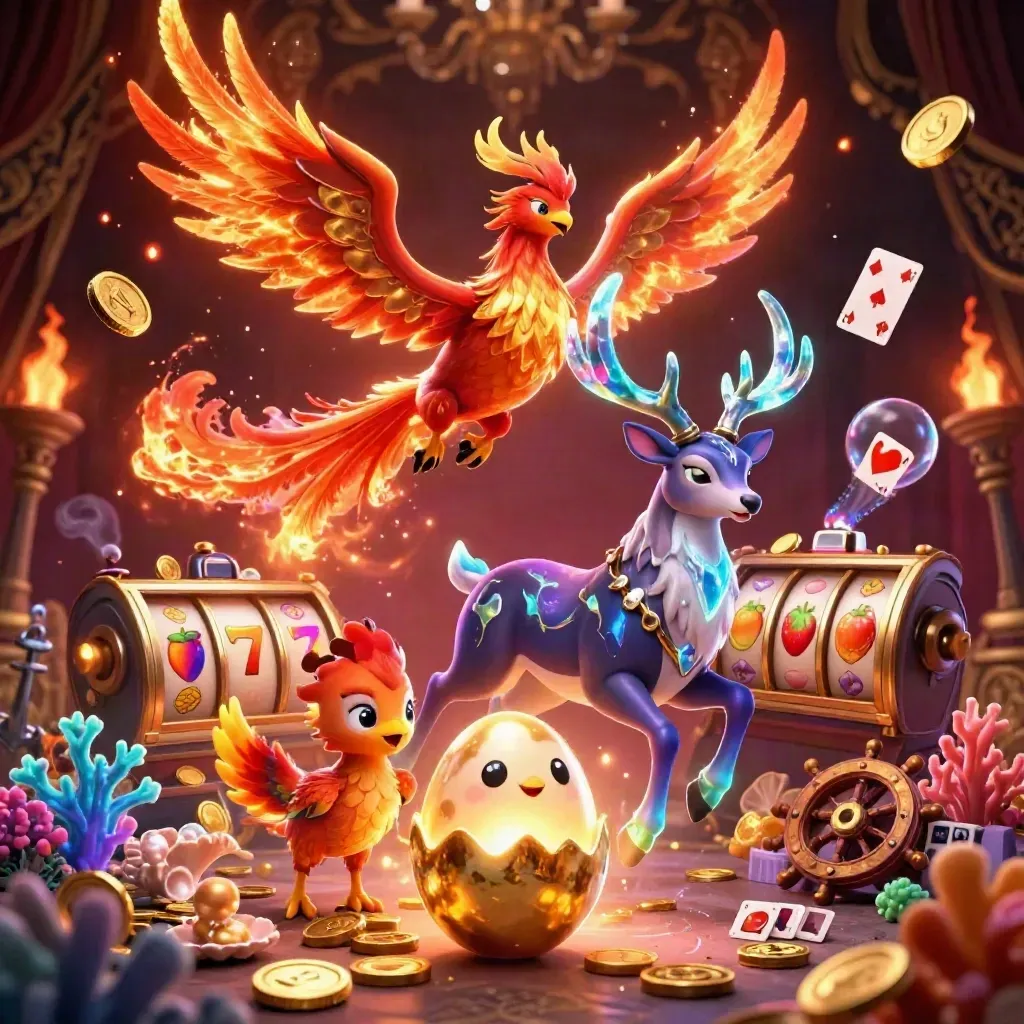 Phoenix, hatchling, and crystal stag amid treasure, coral, coins, and neon casino light.