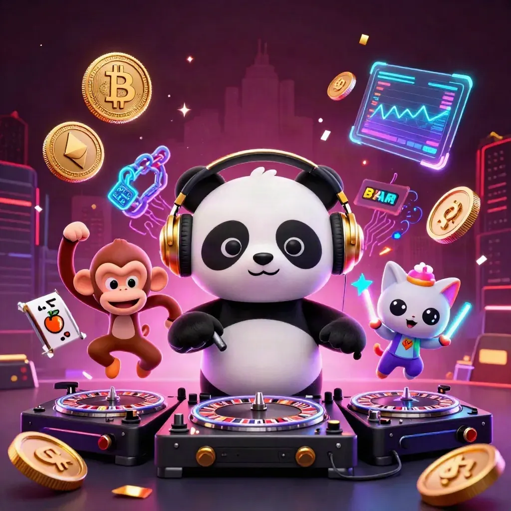 DJ panda, dancing monkey, and rave kitten amid neon casino coins, lightning, and confetti