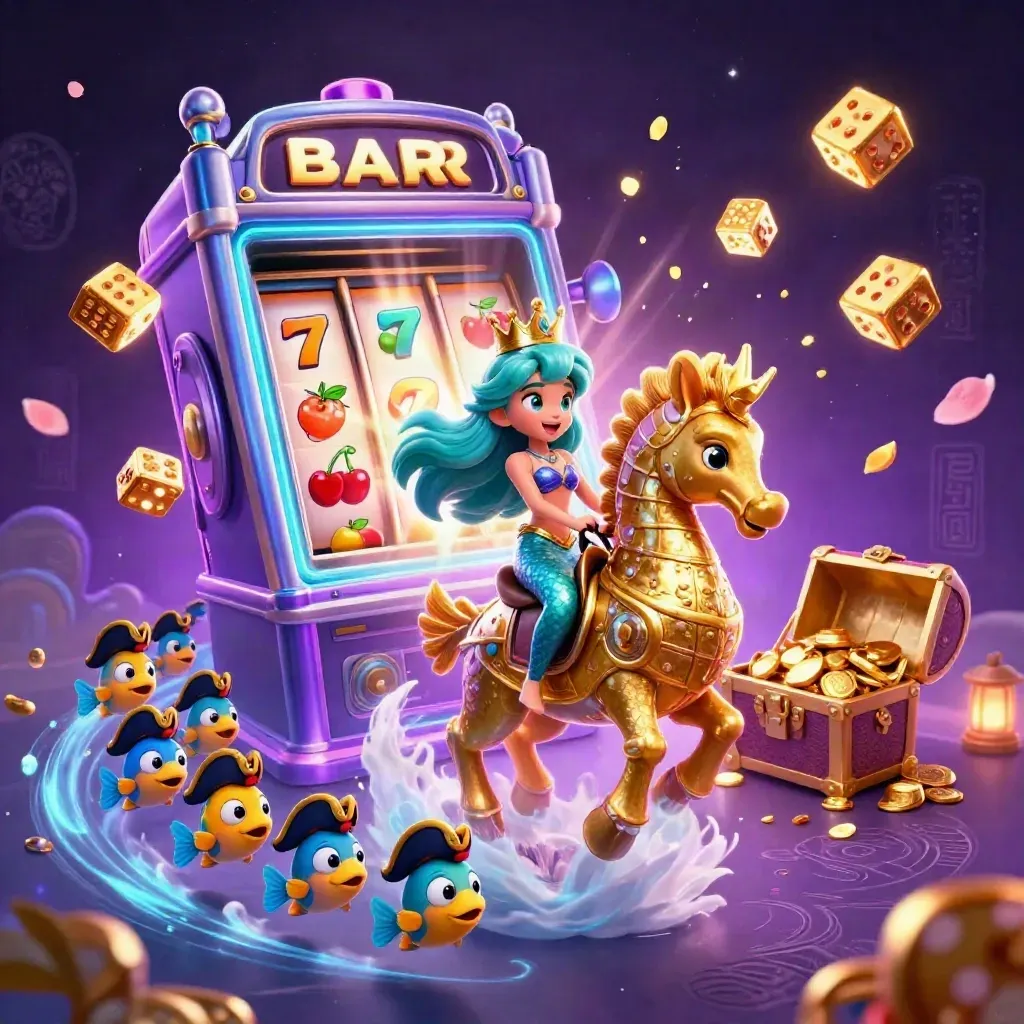 Mermaid princess rides a golden seahorse as slot symbols and treasure explode in neon purple magic.