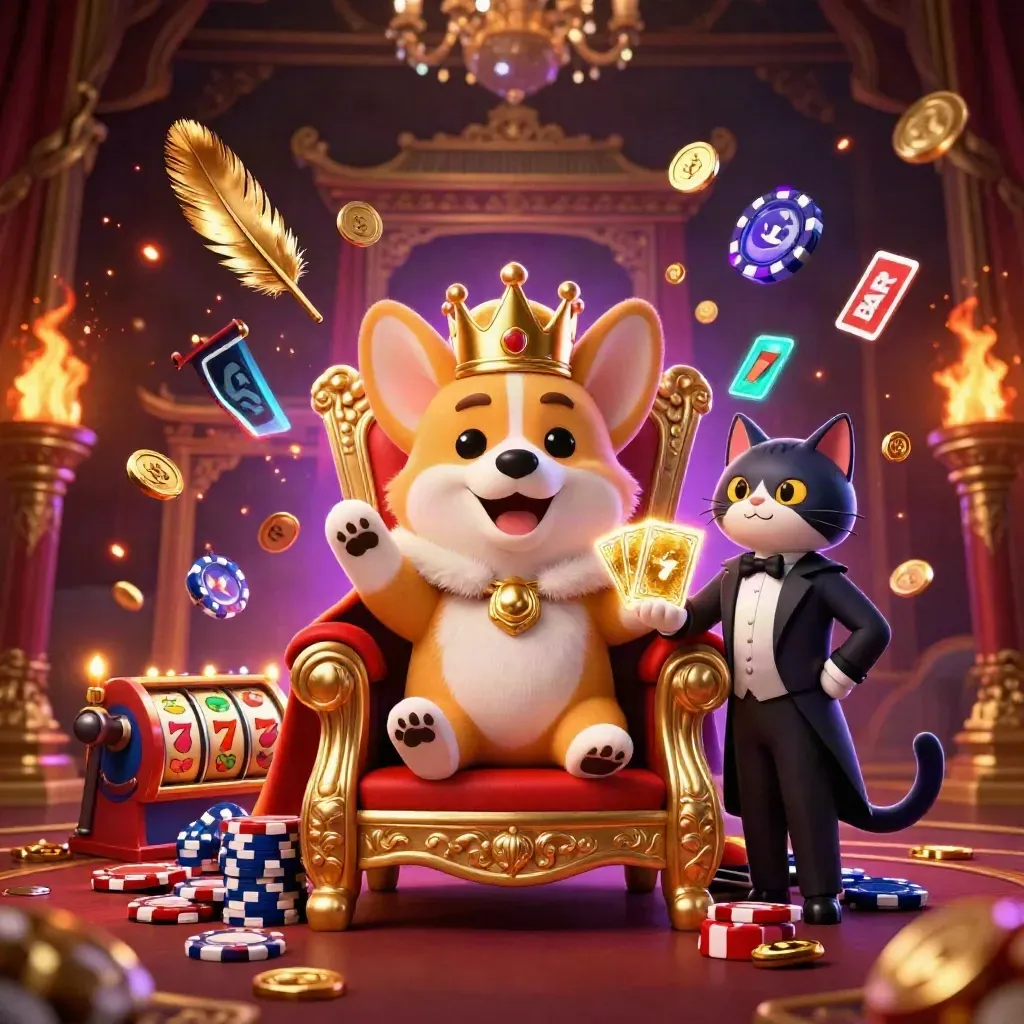 Royal corgi on poker-chip throne with cat butler, neon casino chaos, purple-gold key art