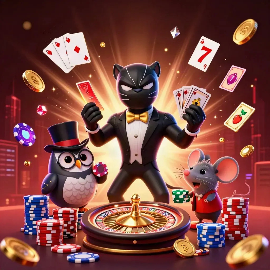 Panther, owl, and mouse in neon casino action with coins, cards, chips, and glowing skyline.