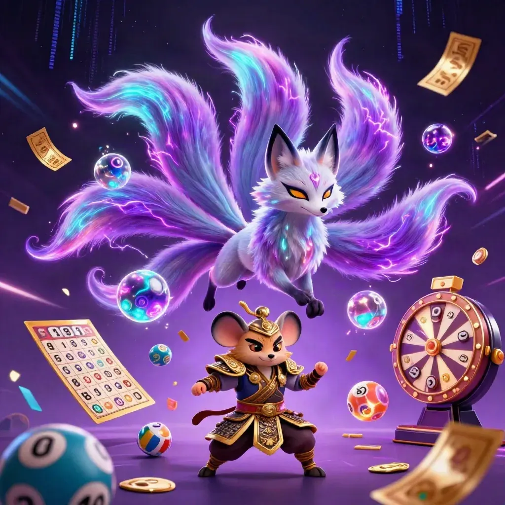 Purple fox spirit and golden mouse amid neon orbs, bingo balls, prize wheel, and ticket bursts.