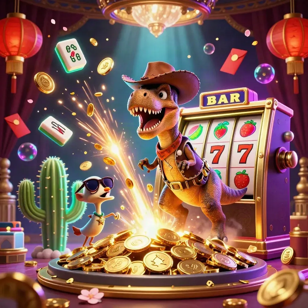 Cowboy T-Rex, cactus sidekick and roadrunner amid bursting coins, lanterns and neon casino lights.
