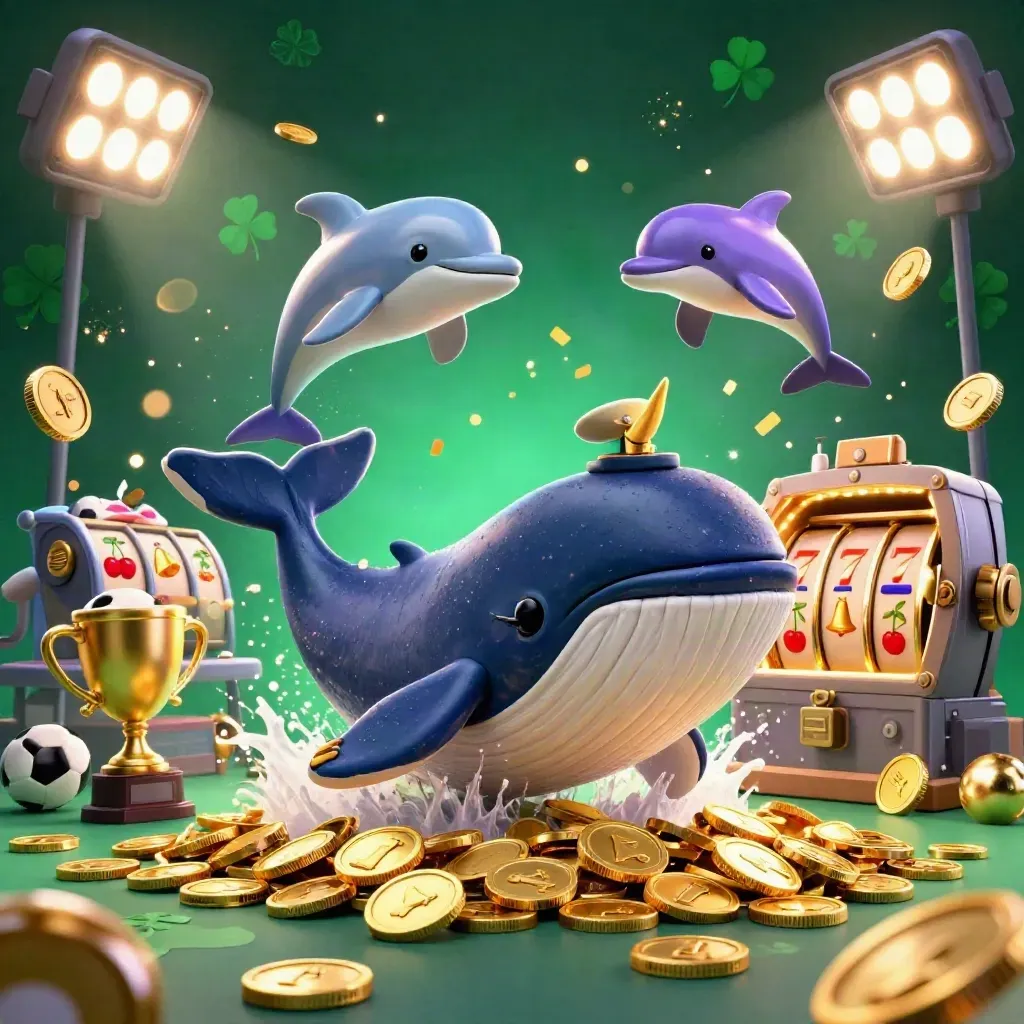 Whale captain, narwhal, and dolphins burst through coins with neon slots and casino lights.
