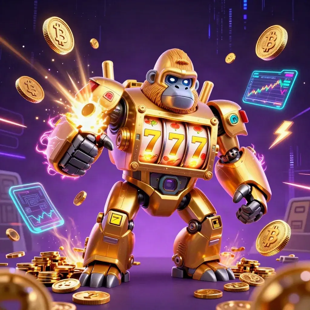 Golden gorilla mech with monkey pilot, coins, crypto symbols, lightning, and neon vault energy