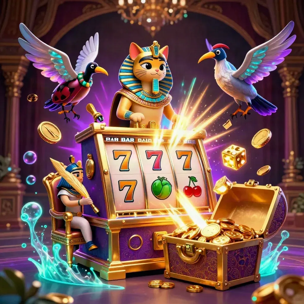 Pharaoh cat throne scene with ibis scribe, scarabs, burst slot machine, coins and neon gold glow