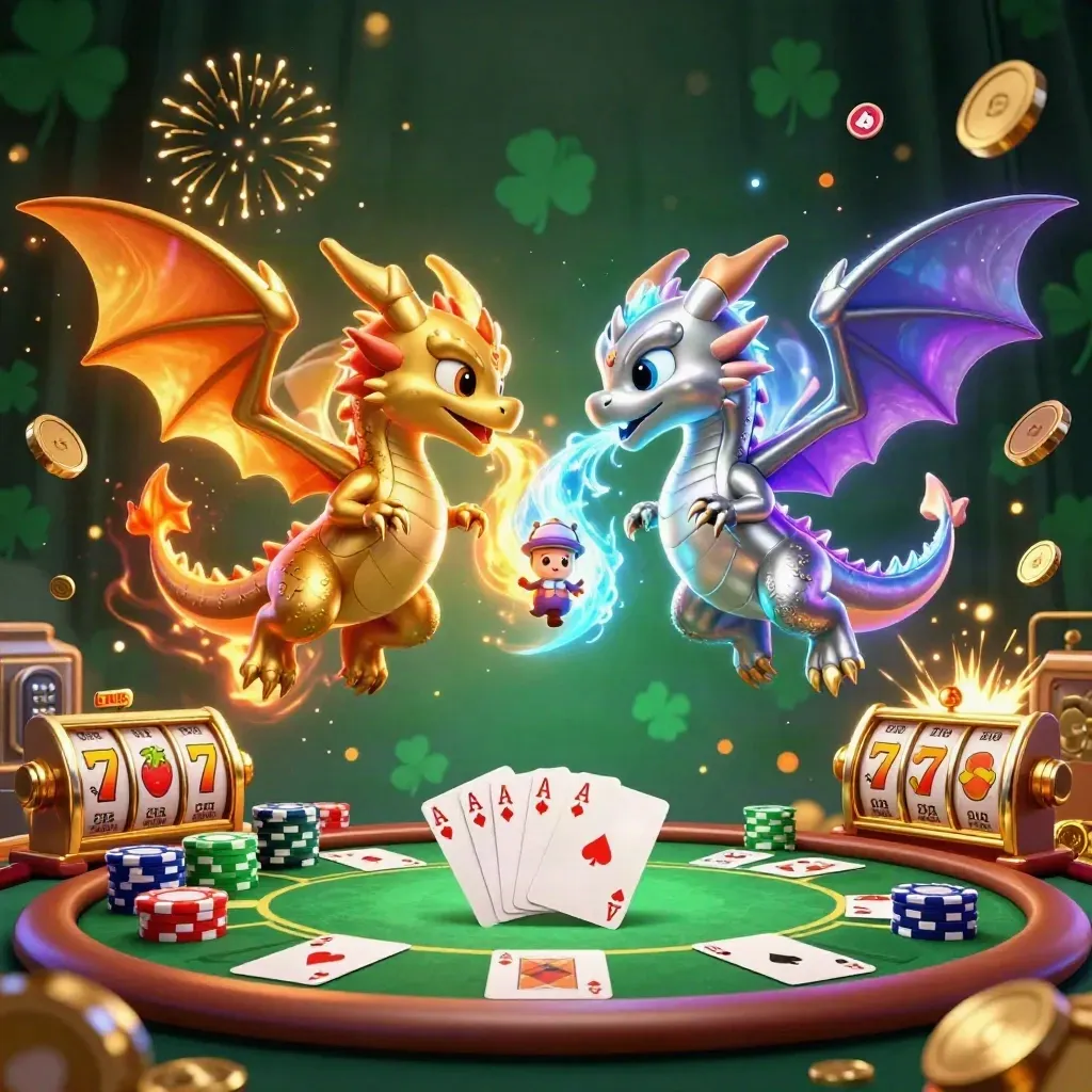 Twin dragons over casino loot with coins, chips, reels, and fireworks in neon glow.