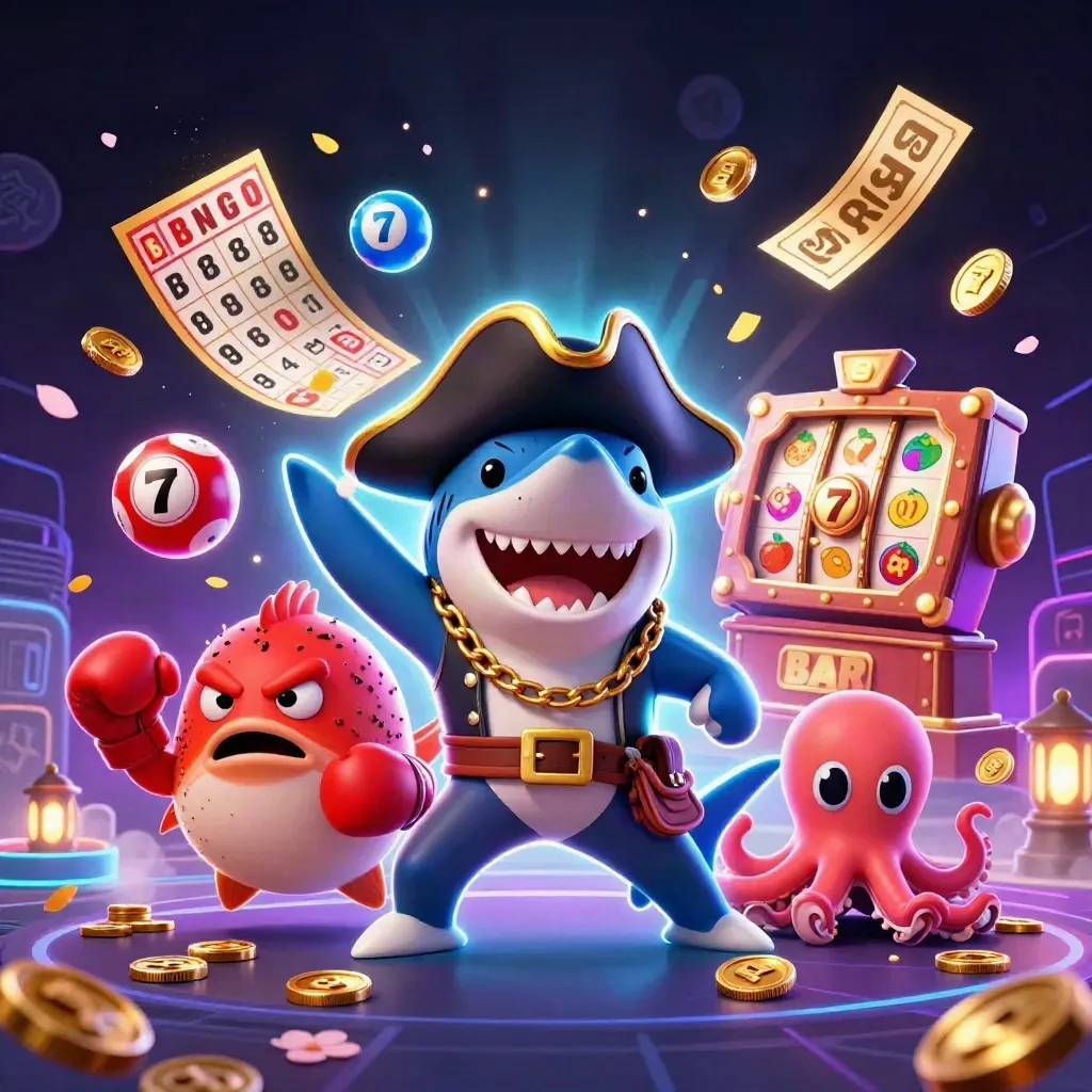 Shark pirate, boxing pufferfish, and coin-juggling octopus amid casino bursts