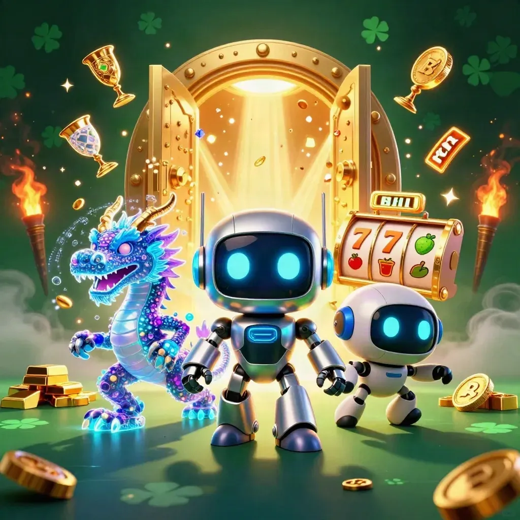 Robot, holographic dragon, and coin drone burst from a glowing vault with casino loot.