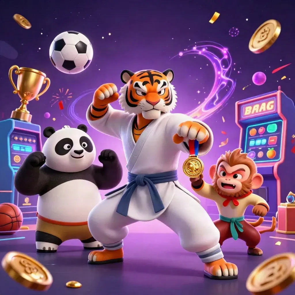 Kung-fu tiger, panda, and monkey amid casino symbols, neon energy, and slot reels.