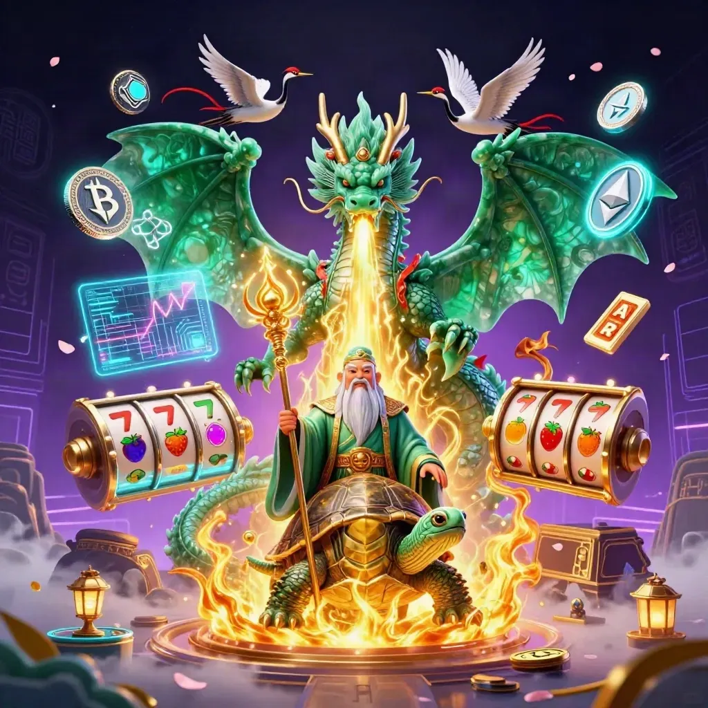 Emerald dragon, wise turtle and ribboned cranes amid neon coins, reels and lightning in a dark casino sky
