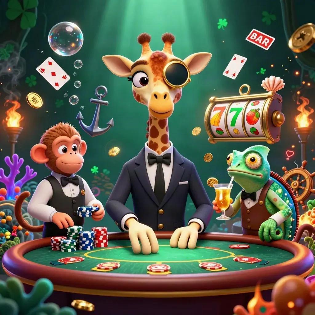 Giraffe high-roller, monkey valet, and chameleon bartender in a neon treasure cove casino scene.