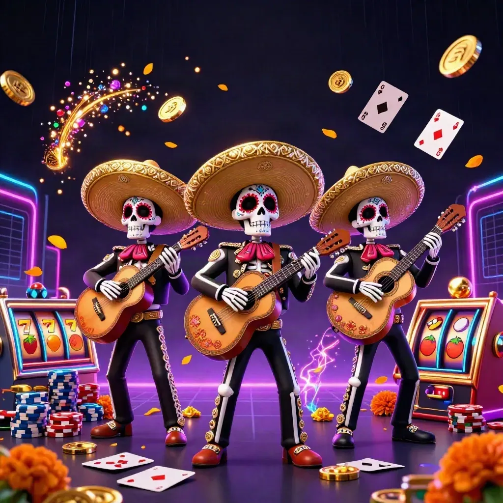 Neon casino art with three mariachi skeletons, coins, chips, cards, roulette wheel, and glowing slot symbols.